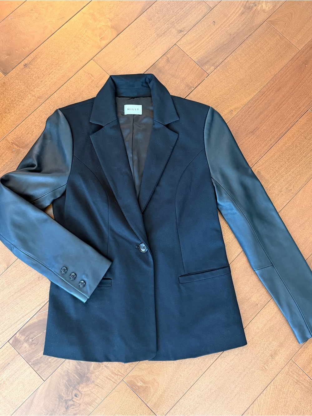 NWOT MILLY Black Blazer with Leather Sleeves